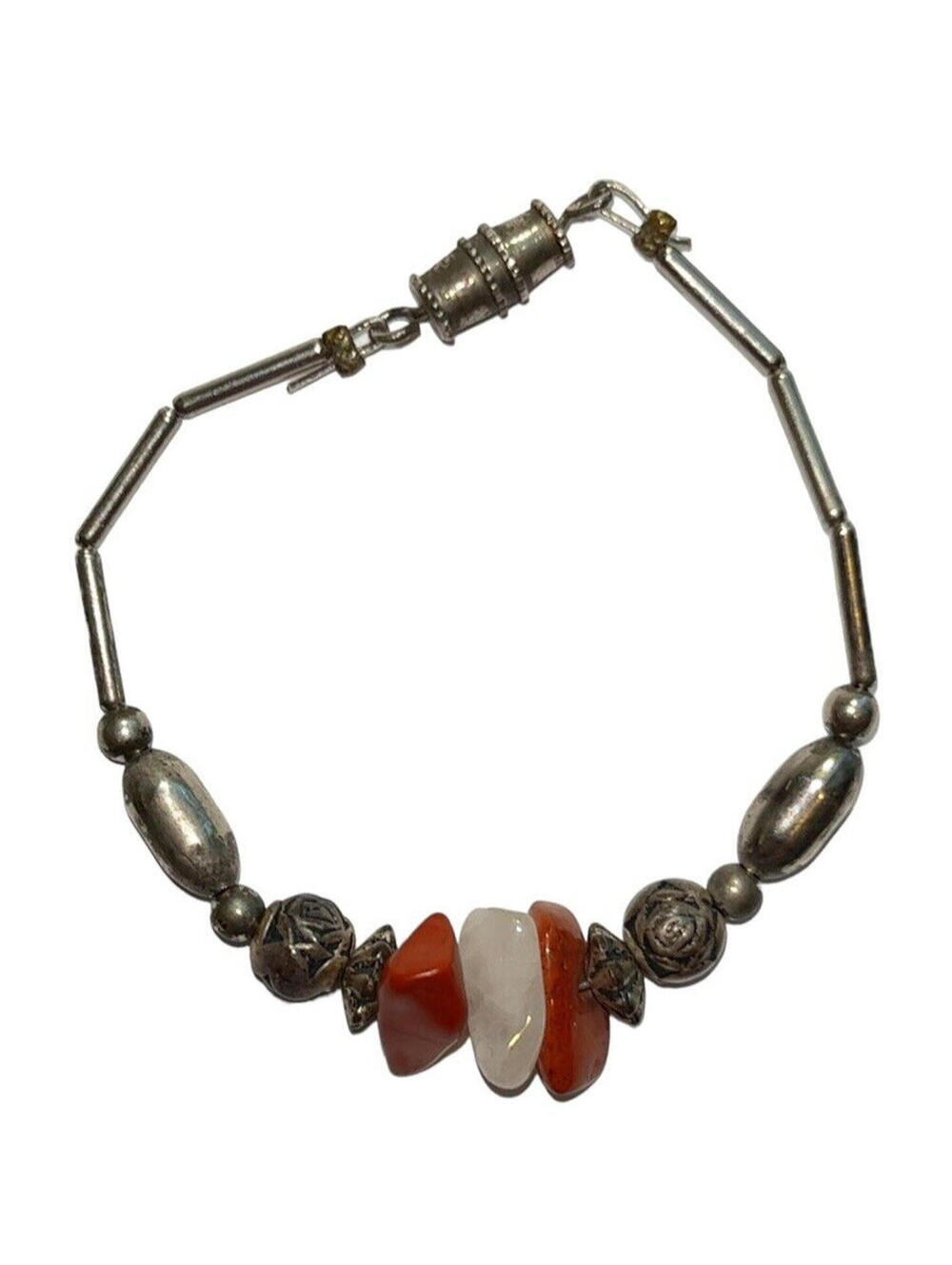 Baby Infant bracelet Silver with decorative beading and Polished stones 5 1/2"